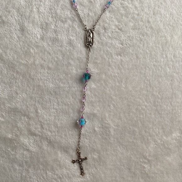 HP X1 🔥 Beautifully Handcrafted Blue Beaded Rosary - Baby Blue‎ + Light Pink - Picture 3 of 4